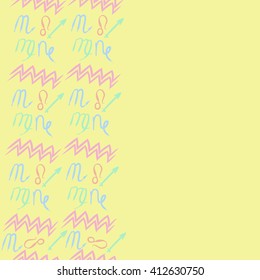 Seamless vertical pattern of zodiac signs, doodles,lions, capricorn,object,aquarius, virgo,sagittarius,scorpio, copy space. Hand drawn.
