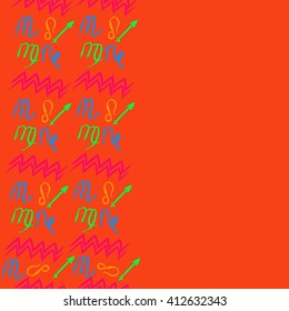 Seamless vertical pattern of zodiac signs, doodles,lions, capricorn,object,aquarius, virgo,sagittarius,scorpio, copy space. Hand drawn.