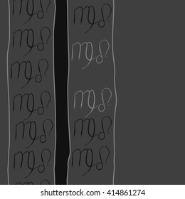 Seamless vertical pattern of zodiac signs, doodles, object,virgo,lions,stripes, spot,  copy space. Hand drawn.
