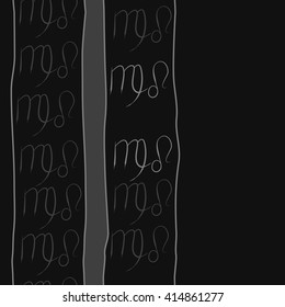 Seamless vertical pattern of zodiac signs, doodles, object,virgo,lions,stripes, spot,  copy space. Hand drawn.