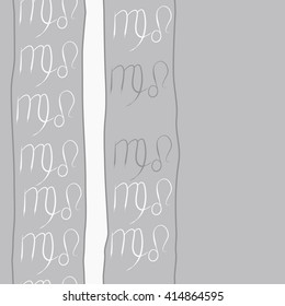Seamless vertical pattern of zodiac signs, doodles, object,virgo,lions,stripes, spot,  copy space. Hand drawn.