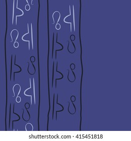 Seamless vertical pattern of zodiac signs, doodles, object,libra,lions,stripes, copy space. Hand drawn.