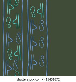 Seamless vertical pattern of zodiac signs, doodles, object,libra,lions,stripes, copy space. Hand drawn.