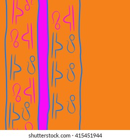 Seamless vertical pattern of zodiac signs, doodles, object,libra,lions,stripes, copy space. Hand drawn.