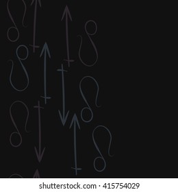 Seamless vertical pattern of zodiac signs, doodles, object,sagittarius,lions, copy space. Hand drawn.