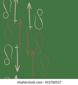 Seamless vertical pattern of zodiac signs, doodles, object,sagittarius,lions, copy space. Hand drawn.