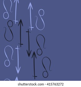 Seamless vertical pattern of zodiac signs, doodles, object,sagittarius,lions, copy space. Hand drawn.