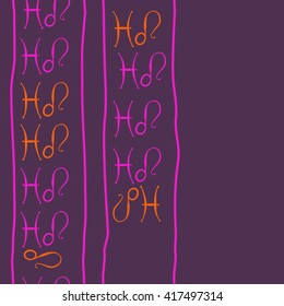 Seamless vertical pattern of zodiac signs, doodles, object,pisces,lions, stripes, copy space. Hand drawn.