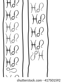 Seamless vertical pattern of zodiac signs, doodles, object,pisces,lions, stripes, copy space. Hand drawn.