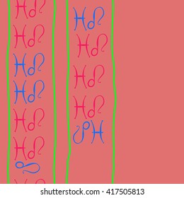 Seamless vertical pattern of zodiac signs, doodles, object,pisces,lions, stripes, copy space. Hand drawn.