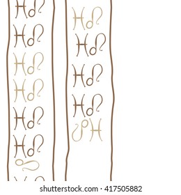 Seamless vertical pattern of zodiac signs, doodles, object,pisces,lions, stripes, copy space. Hand drawn.