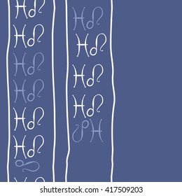 Seamless vertical pattern of zodiac signs, doodles, object,pisces,lions, stripes, copy space. Hand drawn.