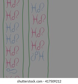 Seamless vertical pattern of zodiac signs, doodles, object,pisces,lions, stripes, copy space. Hand drawn.