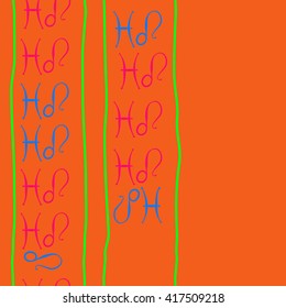 Seamless vertical pattern of zodiac signs, doodles, object,pisces,lions, stripes, copy space. Hand drawn.