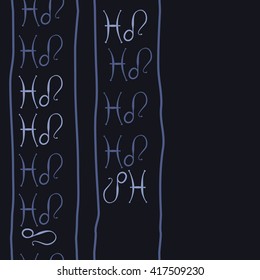 Seamless vertical pattern of zodiac signs, doodles, object,pisces,lions, stripes, copy space. Hand drawn.