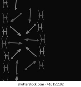 Seamless  vertical pattern of zodiac signs, doodles, object,pisces,sagittarius, copy space. Hand drawn.