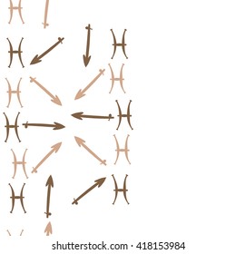 Seamless  vertical pattern of zodiac signs, doodles, object,pisces,sagittarius, copy space. Hand drawn.