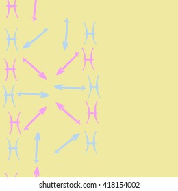 Seamless  vertical pattern of zodiac signs, doodles, object,pisces,sagittarius, copy space. Hand drawn.