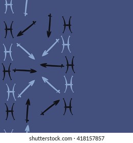Seamless  vertical pattern of zodiac signs, doodles, object,pisces,sagittarius, copy space. Hand drawn.