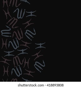 Seamless  vertical pattern of zodiac signs, doodles, object,pisces,scorpio, copy space. Hand drawn.