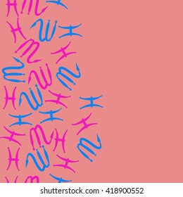 Seamless  vertical pattern of zodiac signs, doodles, object,pisces,scorpio, copy space. Hand drawn.