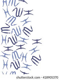 Seamless  vertical pattern of zodiac signs, doodles, object,pisces,scorpio, copy space. Hand drawn.