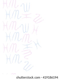 Seamless  vertical pattern of zodiac signs, doodles, object,pisces,scorpio, copy space. Hand drawn.