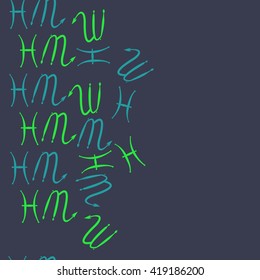 Seamless  vertical pattern of zodiac signs, doodles, object,pisces,scorpio, copy space. Hand drawn.