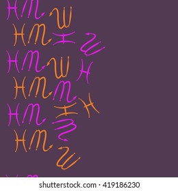 Seamless  vertical pattern of zodiac signs, doodles, object,pisces,scorpio, copy space. Hand drawn.