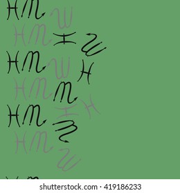 Seamless  vertical pattern of zodiac signs, doodles, object,pisces,scorpio, copy space. Hand drawn.
