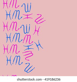 Seamless  vertical pattern of zodiac signs, doodles, object,pisces,scorpio, copy space. Hand drawn.