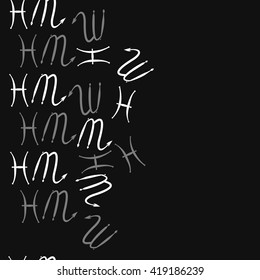 Seamless  vertical pattern of zodiac signs, doodles, object,pisces,scorpio, copy space. Hand drawn.