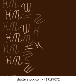 Seamless  vertical pattern of zodiac signs, doodles, object,pisces,scorpio, copy space. Hand drawn.