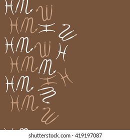 Seamless  vertical pattern of zodiac signs, doodles, object,pisces,scorpio, copy space. Hand drawn.