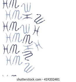 Seamless  vertical pattern of zodiac signs, doodles, object,pisces,scorpio, copy space. Hand drawn.
