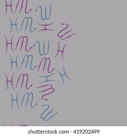 Seamless  vertical pattern of zodiac signs, doodles, object,pisces,scorpio, copy space. Hand drawn.