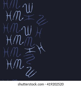Seamless  vertical pattern of zodiac signs, doodles, object,pisces,scorpio, copy space. Hand drawn.