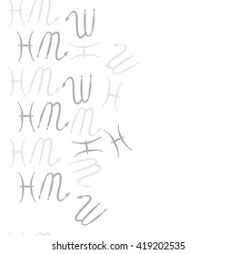 Seamless  vertical pattern of zodiac signs, doodles, object,pisces,scorpio, copy space. Hand drawn.