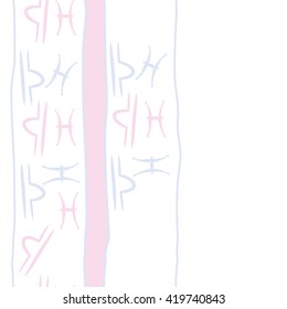 Seamless vertical pattern of zodiac signs, doodles, object,pisces,libra,stripes, spot, copy space. Hand drawn.