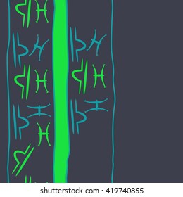 Seamless vertical pattern of zodiac signs, doodles, object,pisces,libra,stripes, spot, copy space. Hand drawn.