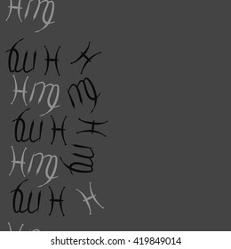 Seamless  vertical pattern of zodiac signs, doodles, object,pisces,virgo, copy space. Hand drawn.