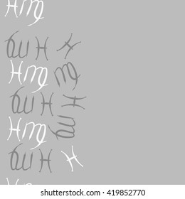 Seamless  vertical pattern of zodiac signs, doodles, object,pisces,virgo, copy space. Hand drawn.