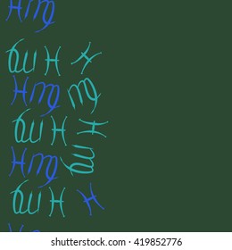 Seamless  vertical pattern of zodiac signs, doodles, object,pisces,virgo, copy space. Hand drawn.