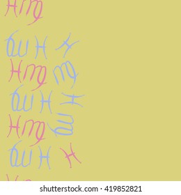 Seamless  vertical pattern of zodiac signs, doodles, object,pisces,virgo, copy space. Hand drawn.