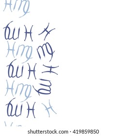 Seamless  vertical pattern of zodiac signs, doodles, object,pisces,virgo, copy space. Hand drawn.