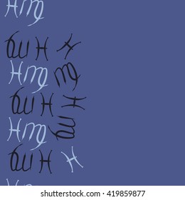 Seamless  vertical pattern of zodiac signs, doodles, object,pisces,virgo, copy space. Hand drawn.