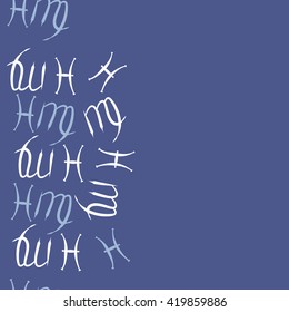 Seamless  vertical pattern of zodiac signs, doodles, object,pisces,virgo, copy space. Hand drawn.