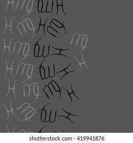 Seamless  vertical pattern of zodiac signs, doodles, object,pisces,virgo, copy space. Hand drawn.