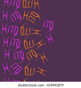 Seamless  vertical pattern of zodiac signs, doodles, object,pisces,virgo, copy space. Hand drawn.