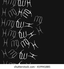 Seamless  vertical pattern of zodiac signs, doodles, object,pisces,virgo, copy space. Hand drawn.
